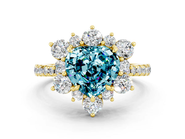 Yellow gold Heart Cut Cut Diamond Floral Halo Pave Band with Prong Setting