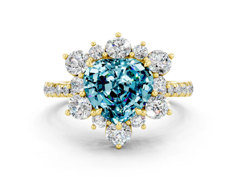 Yellow gold Heart Cut Cut Diamond Floral Halo Pave Band with Prong Setting