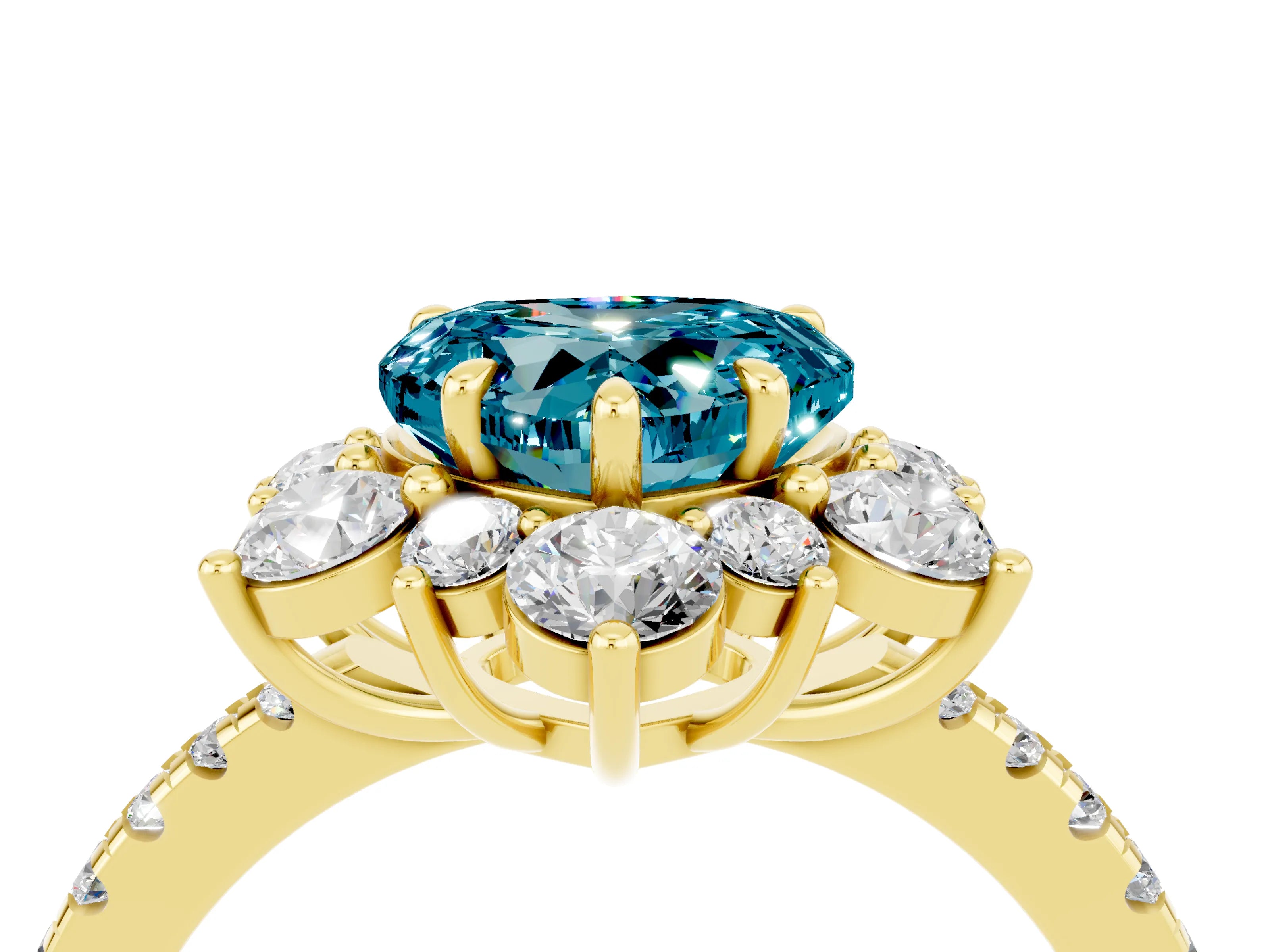 Yellow gold Heart Cut Cut Diamond Floral Halo Pave Band with Prong Setting_4