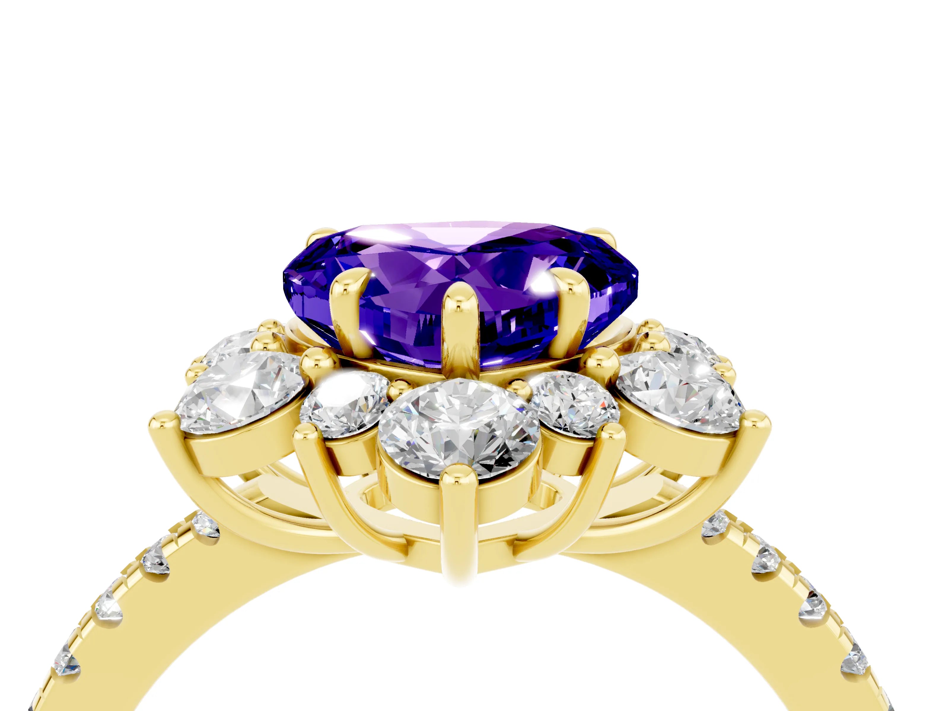 Yellow gold Heart Cut Cut Diamond Floral Halo Pave Band with Prong Setting_4
