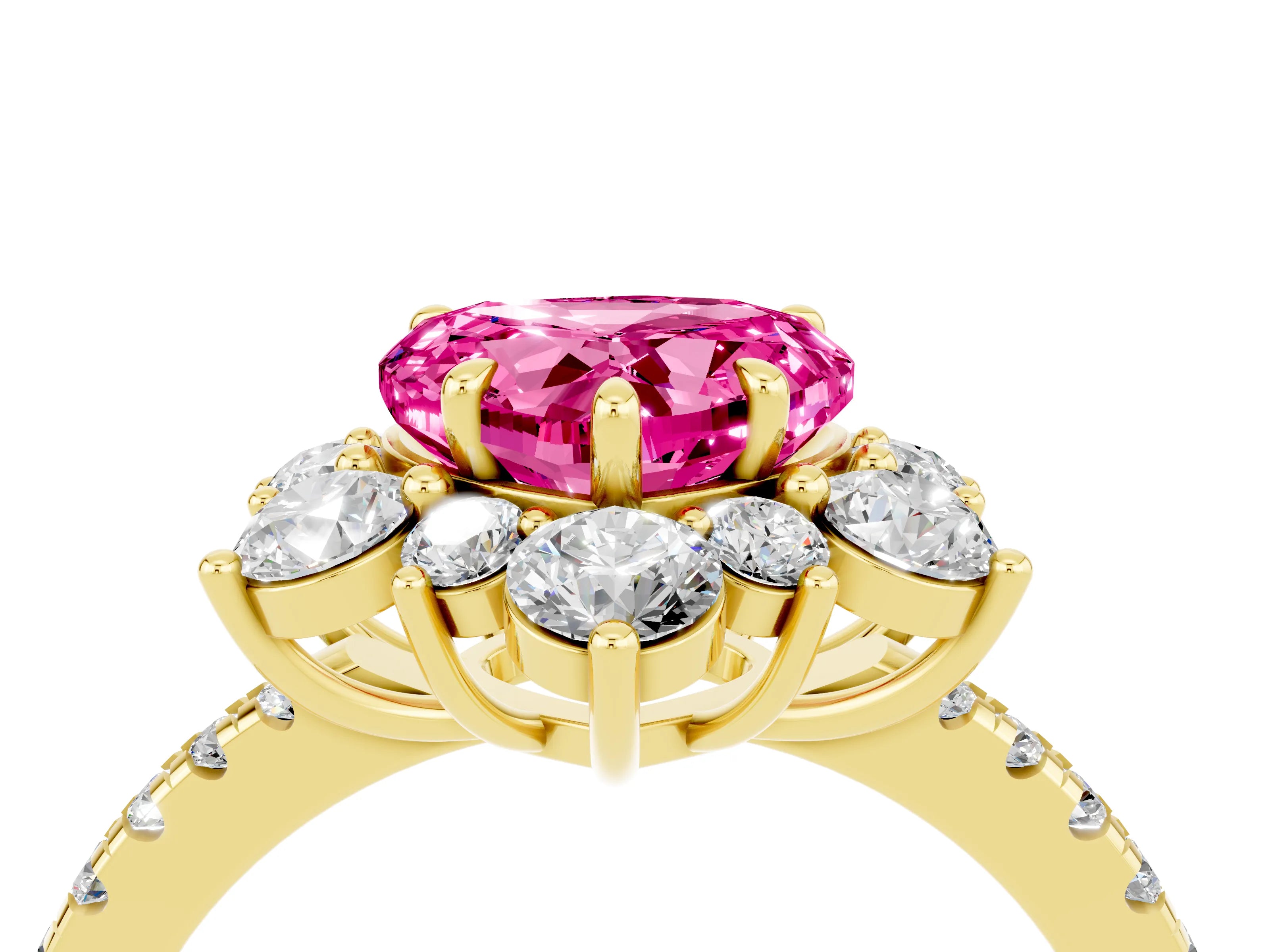 Yellow gold Heart Cut Cut Diamond Floral Halo Pave Band with Prong Setting_4