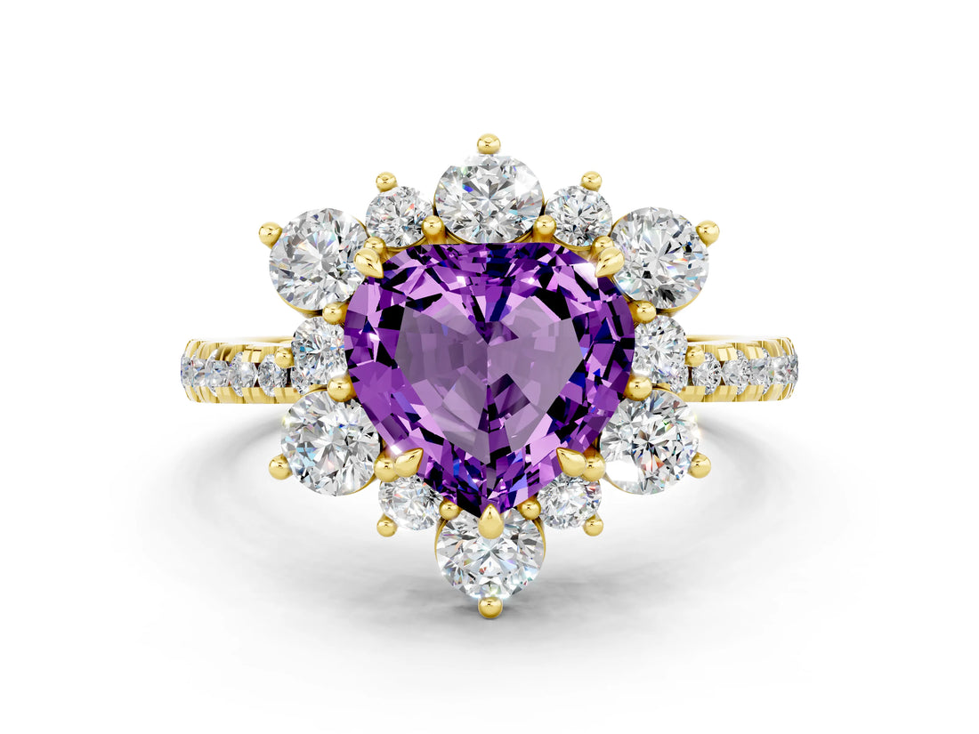 Yellow gold Heart Cut Cut Diamond Floral Halo Pave Band with Prong Setting