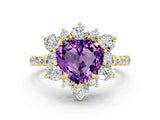 Yellow gold Heart Cut Cut Diamond Floral Halo Pave Band with Prong Setting