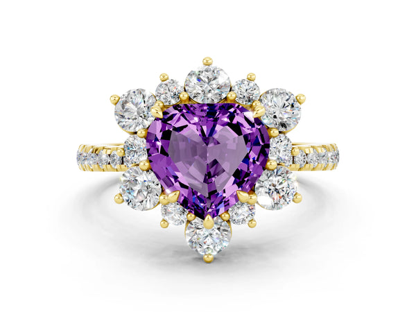 Yellow gold Heart Cut Amethyst Floral Halo Ring with Round Pavé Band and Prong Setting