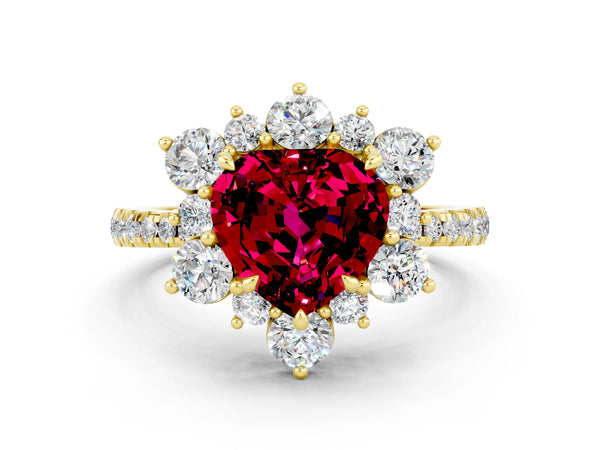Yellow gold Heart Cut Garnet Floral Halo Ring with Round Pavé Band and Prong Setting