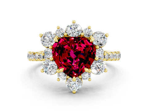 Yellow gold Heart Cut Cut Diamond Floral Halo Pave Band with Prong Setting