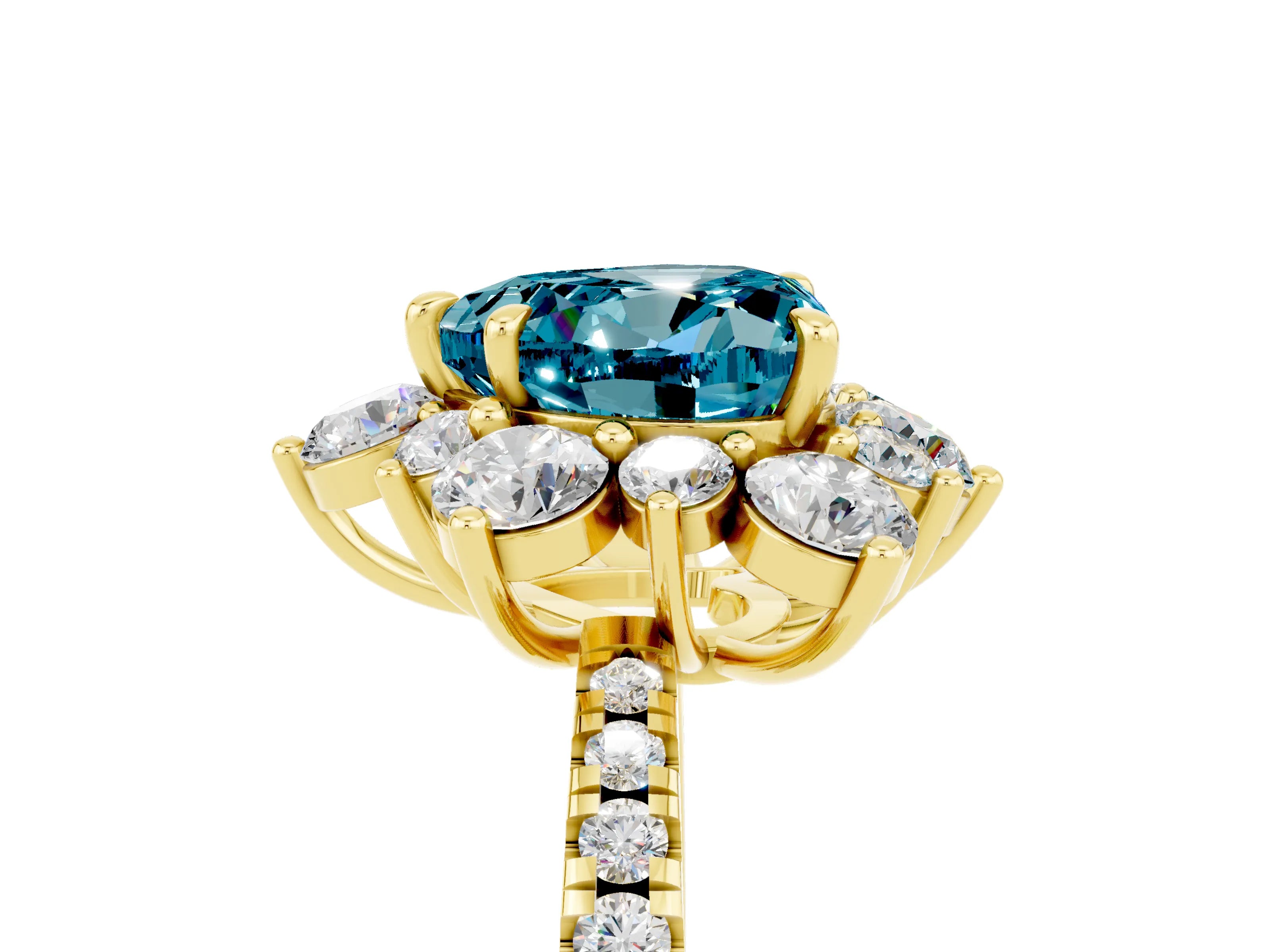 Yellow gold Heart Cut Cut Diamond Floral Halo Pave Band with Prong Setting_5