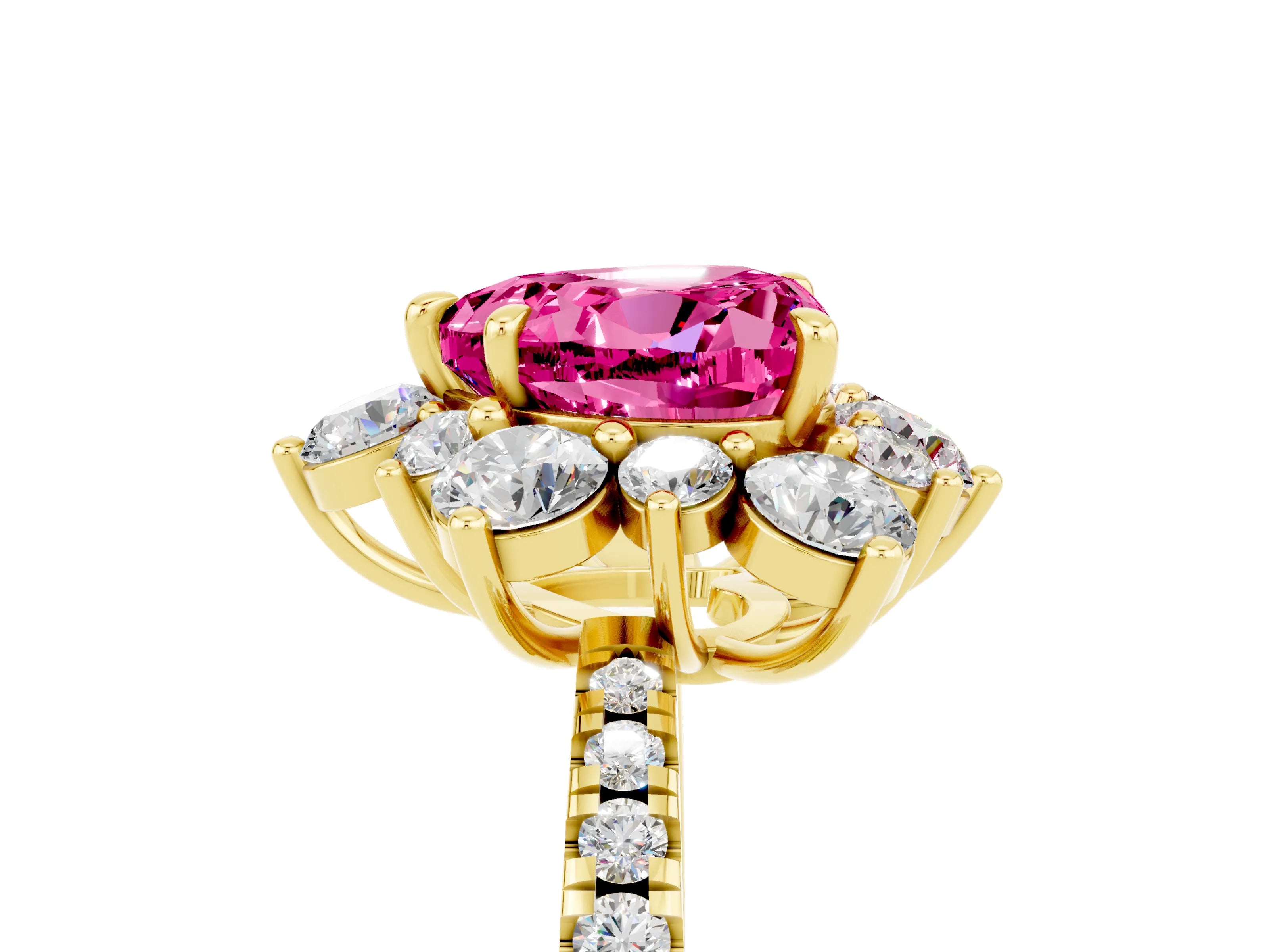Yellow gold Heart Cut Cut Diamond Floral Halo Pave Band with Prong Setting_5