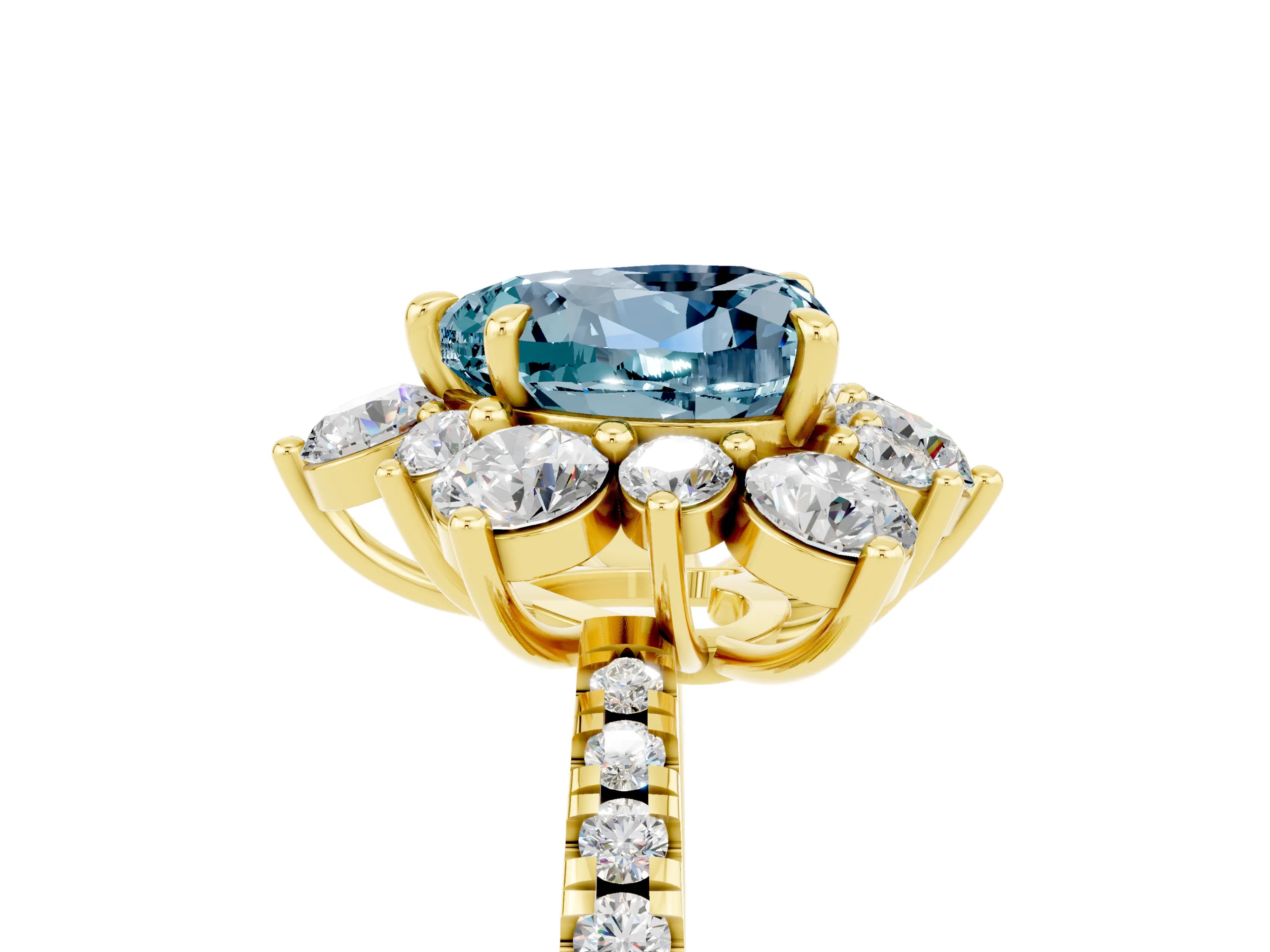 Yellow gold Heart Cut Cut Diamond Floral Halo Pave Band with Prong Setting_5