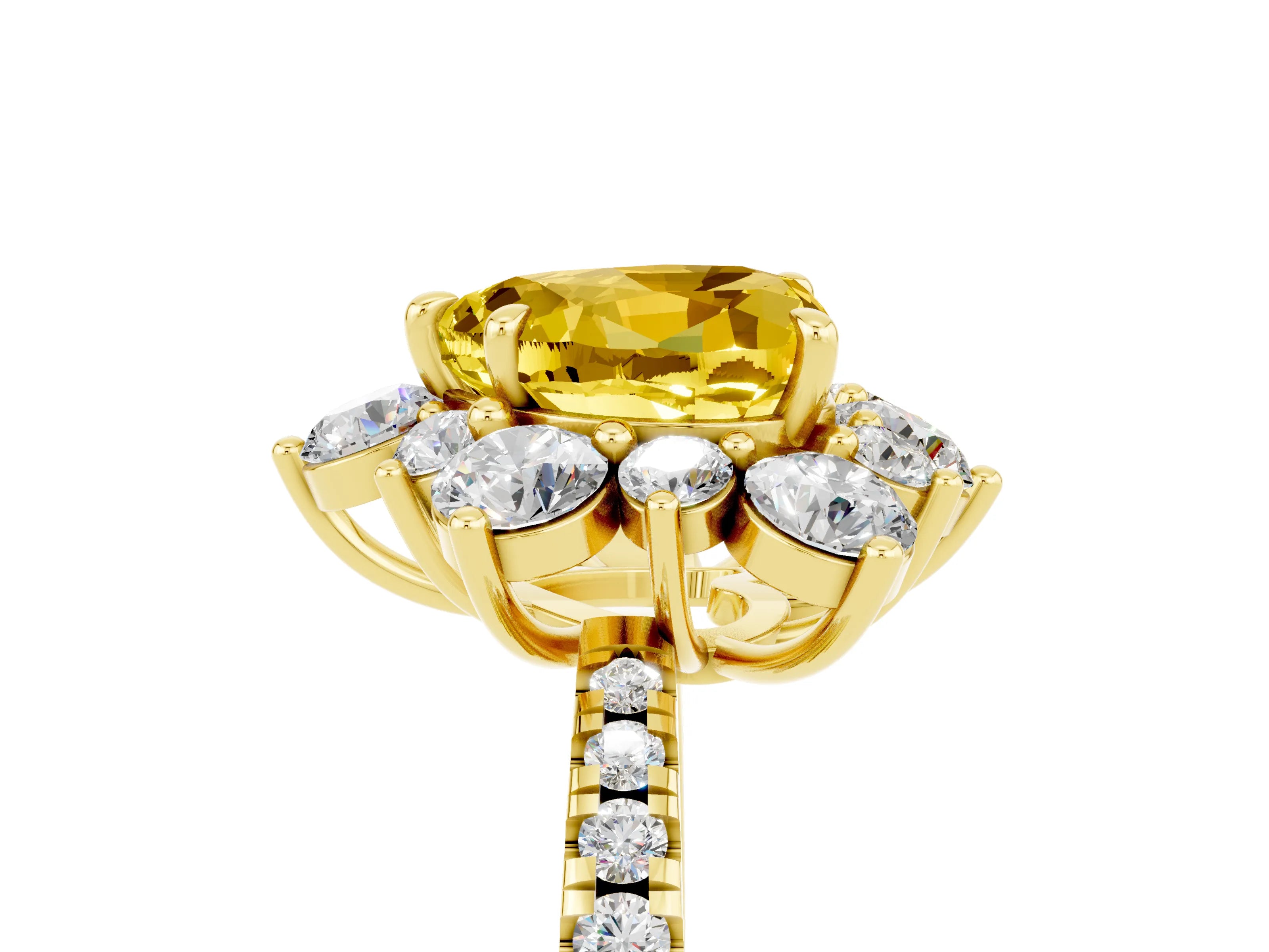 Yellow gold Heart Cut Cut Diamond Floral Halo Pave Band with Prong Setting_5