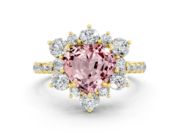 Yellow gold Heart Cut Cut Diamond Floral Halo Pave Band with Prong Setting