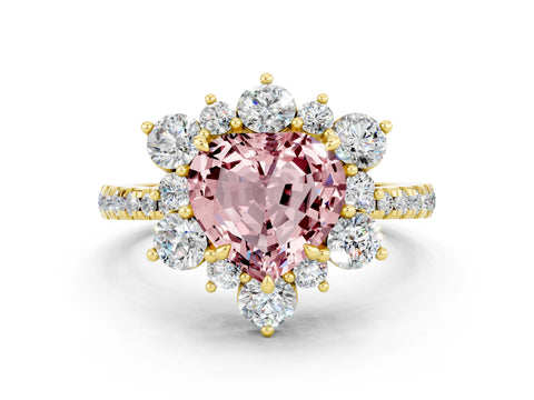 Yellow gold Heart Cut Cut Diamond Floral Halo Pave Band with Prong Setting