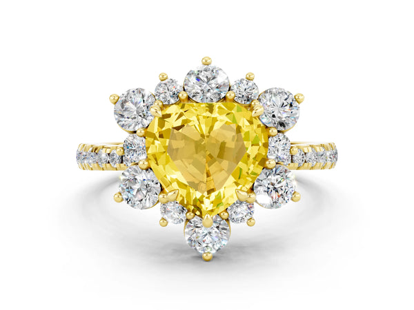 Yellow gold Heart Cut Yellow Sapphire Floral Halo Ring with Round Pavé Band and Prong Setting