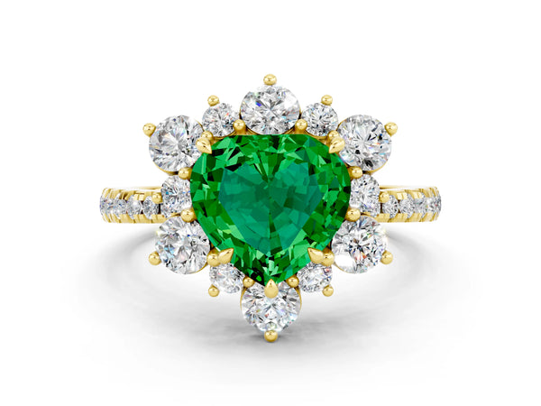 Yellow gold Heart Cut Emerald Floral Halo Ring with Round Pavé Band and Prong Setting