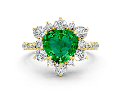 Yellow gold Heart Cut Cut Diamond Floral Halo Pave Band with Prong Setting