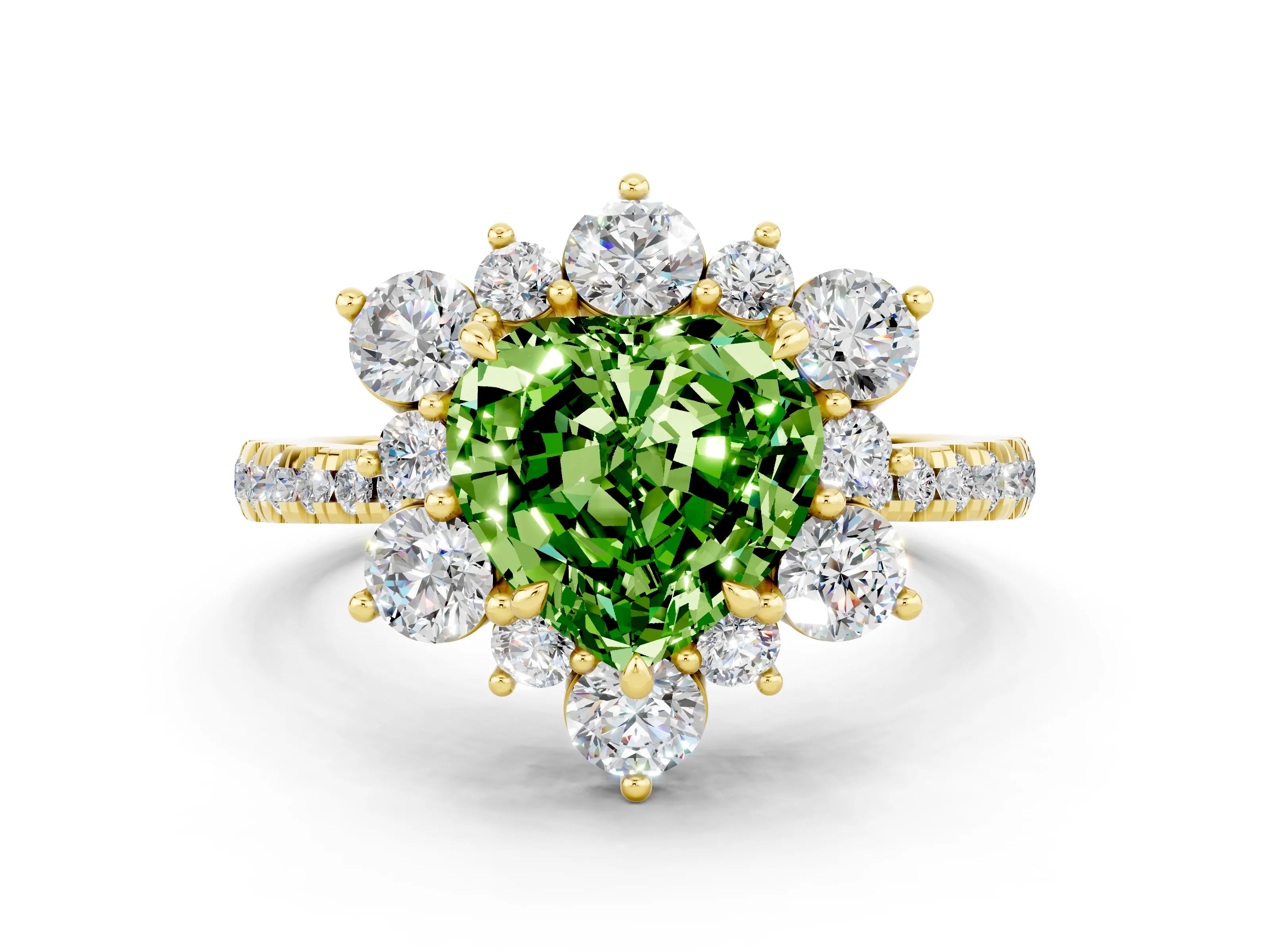 Yellow gold Heart Cut Cut Diamond Floral Halo Pave Band with Prong Setting
