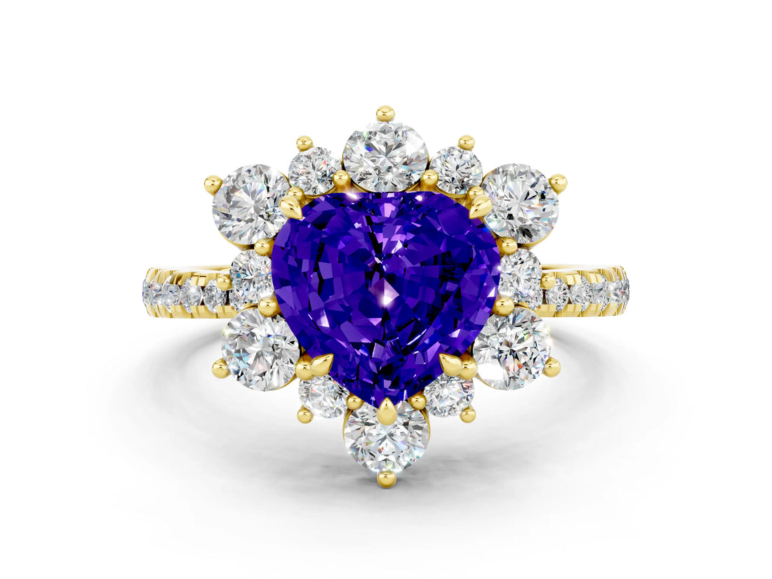 Yellow gold Heart Cut Cut Diamond Floral Halo Pave Band with Prong Setting