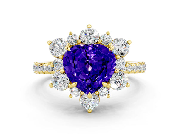 Yellow gold Heart Cut Tanzanite Floral Halo Ring with Round Pavé Band and Prong Setting