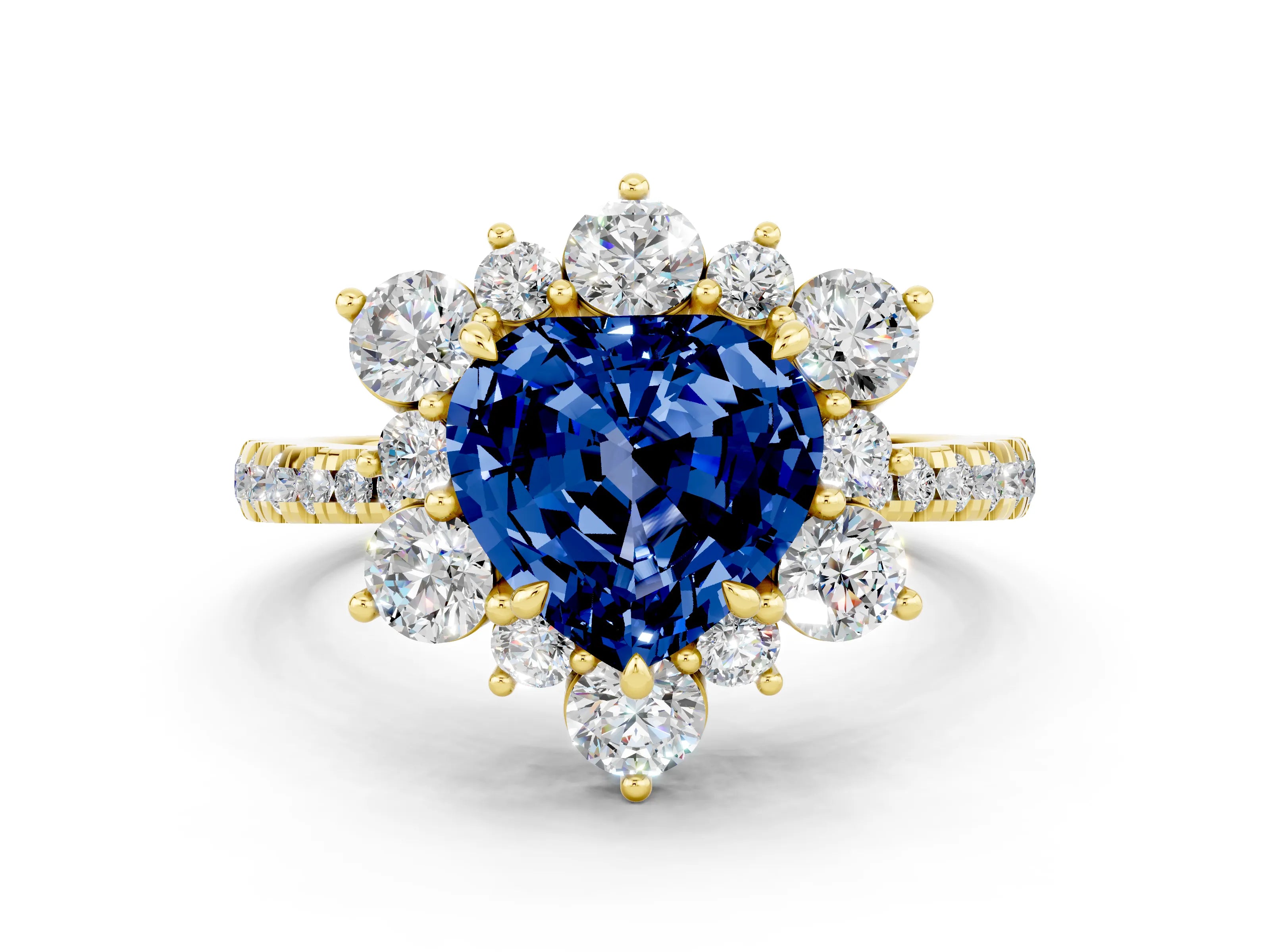 Yellow gold Heart Cut Cut Diamond Floral Halo Pave Band with Prong Setting