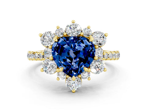 Yellow gold Heart Cut Cut Diamond Floral Halo Pave Band with Prong Setting