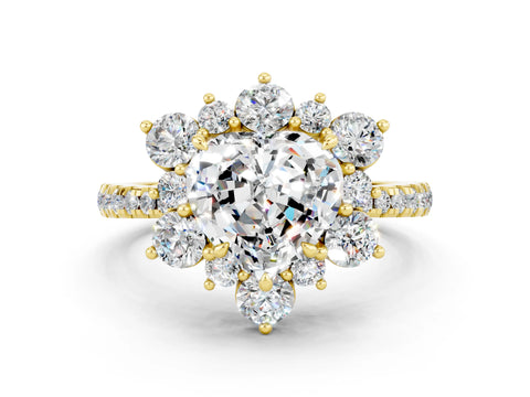 Yellow gold Heart Cut Cut Diamond Floral Halo Pave Band with Prong Setting