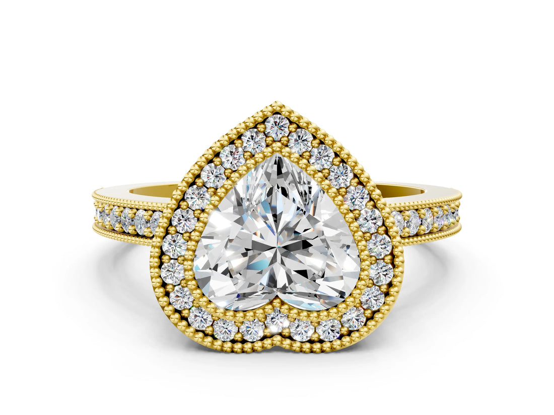 Yellow gold Heart Cut-Cut Diamond Halo Engagement Ring with Pave Band and Prong Setting_9