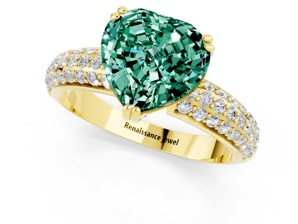 Yellow gold Heart Cut Green Sapphire Vintage Milgrain Ring with Round  Stations