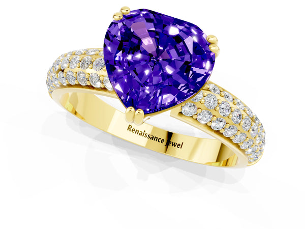Yellow gold Heart Cut Tanzanite Vintage Milgrain Ring with Round  Stations