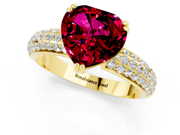 Yellow gold Heart Cut Garnet Vintage Milgrain Ring with Round  Stations