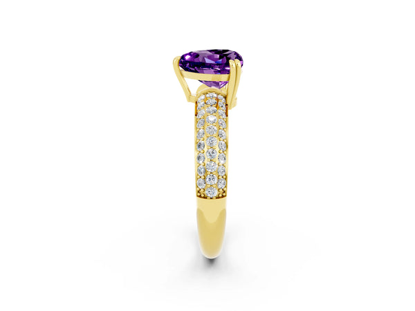 Yellow gold Heart Cut Amethyst Vintage Milgrain Ring with Round  Stations