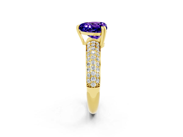 Yellow gold Heart Cut Tanzanite Vintage Milgrain Ring with Round  Stations