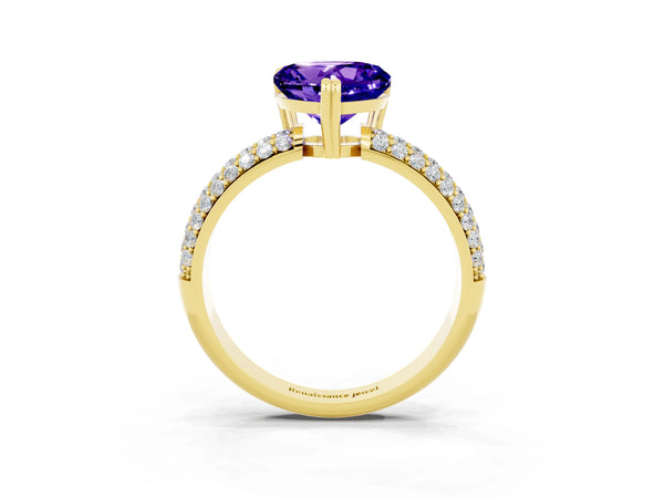 Yellow gold Heart Cut Tanzanite Vintage Milgrain Ring with Round  Stations