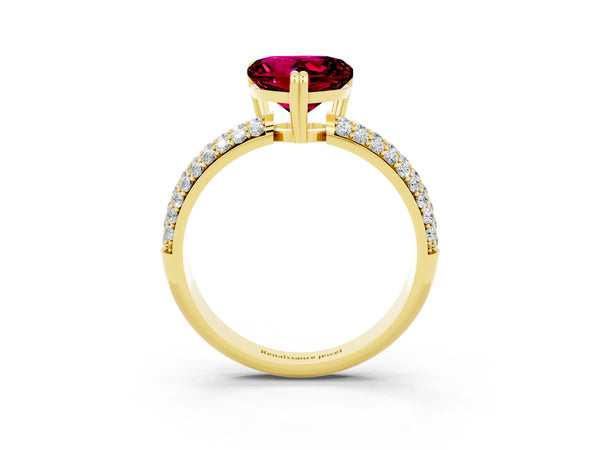 Yellow gold Heart Cut Garnet Vintage Milgrain Ring with Round  Stations