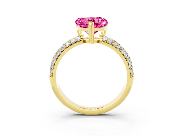 Yellow Gold Heart-Shaped Lab-Grown Pink Sapphire Vintage Milgrain Engagement Ring