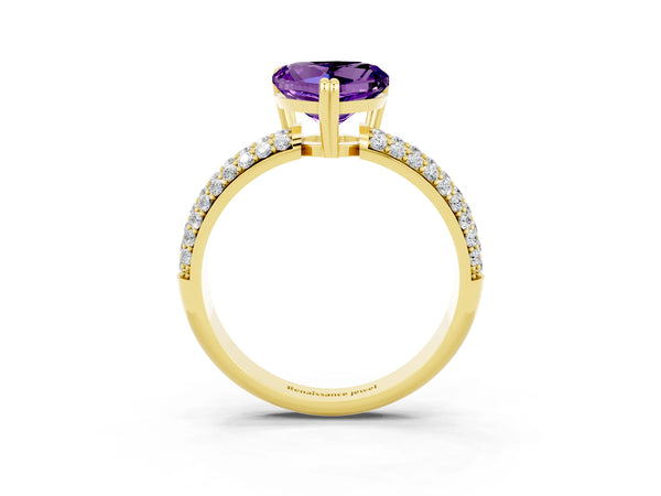 Yellow gold Heart Cut Amethyst Vintage Milgrain Ring with Round  Stations
