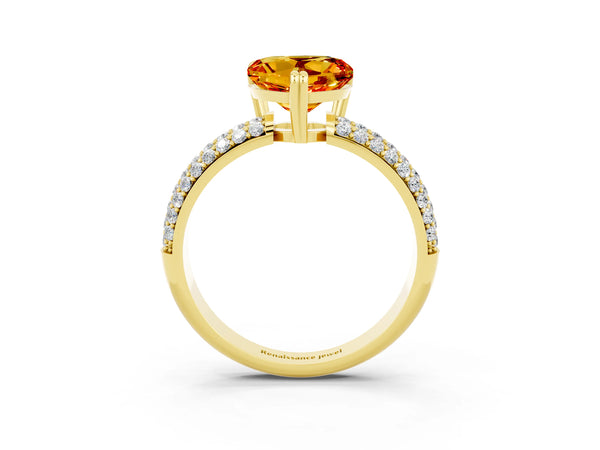 Yellow gold Heart Cut Citrine Vintage Milgrain Ring with Round  Stations