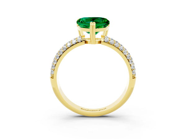 Yellow gold Heart Cut Emerald Vintage Milgrain Ring with Round  Stations