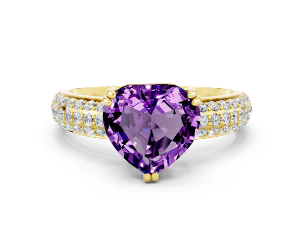Yellow gold Heart Cut Amethyst Vintage Milgrain Ring with Round  Stations