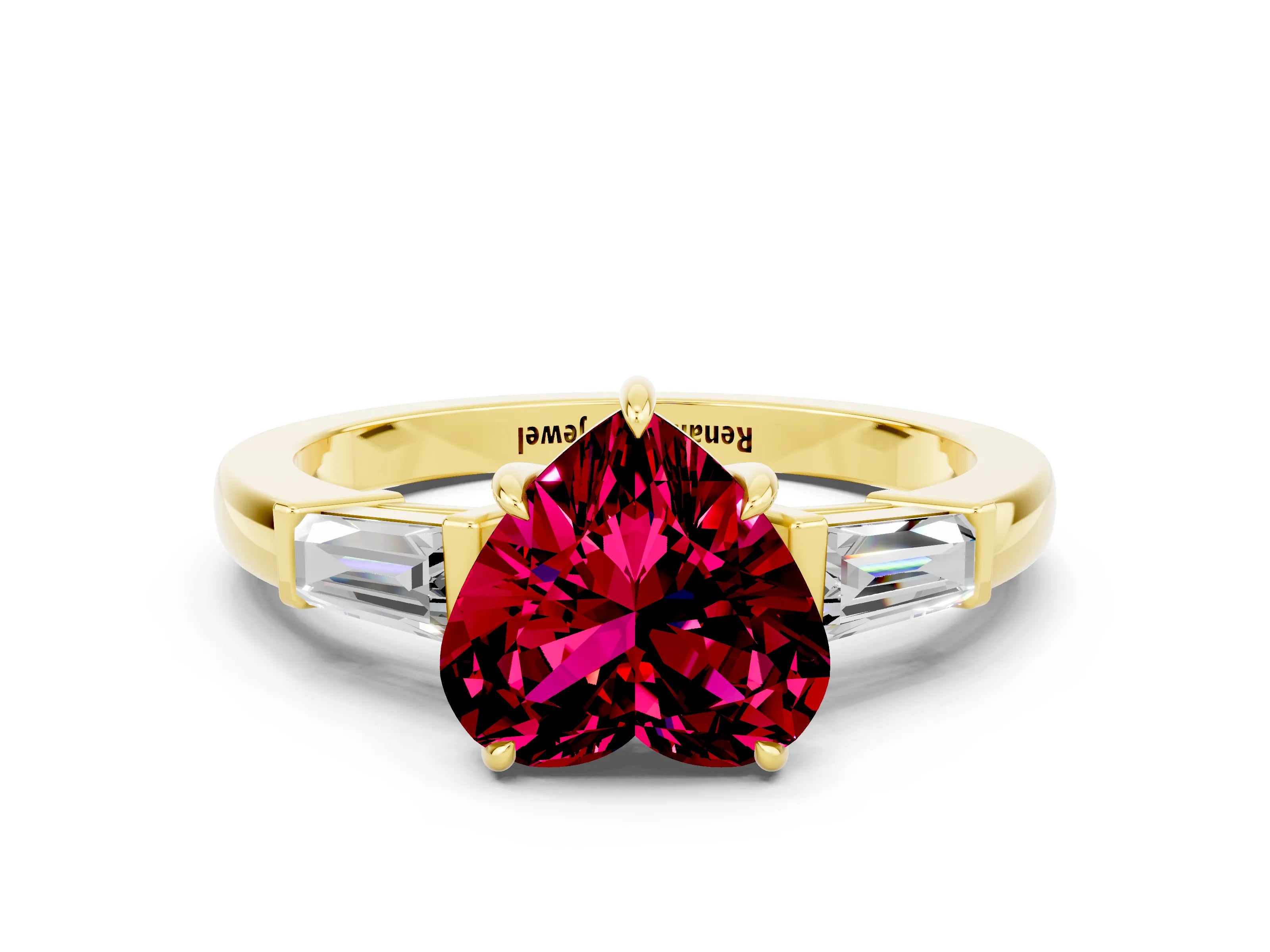 Yellow gold Heart Cut Cut Diamond Ring with Tapered Baguette Side Stones in Four-Prong Setting