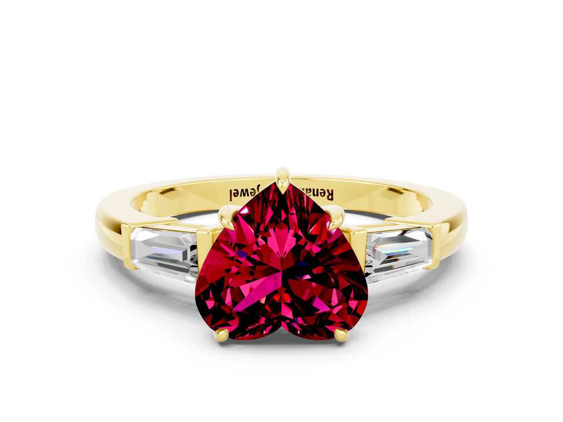 Yellow gold Heart Cut Cut Diamond Ring with Tapered Baguette Side Stones in Four-Prong Setting