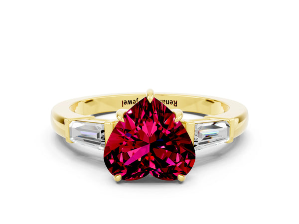 Yellow gold Heart Cut Garnet Three-Stone Ring with Tapered Baguette Side Stones and Prong Setting