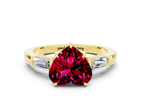 Yellow gold Heart Cut Cut Diamond Ring with Tapered Baguette Side Stones in Four-Prong Setting