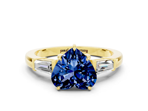 Yellow gold Heart Cut Cut Diamond Ring with Tapered Baguette Side Stones in Four-Prong Setting