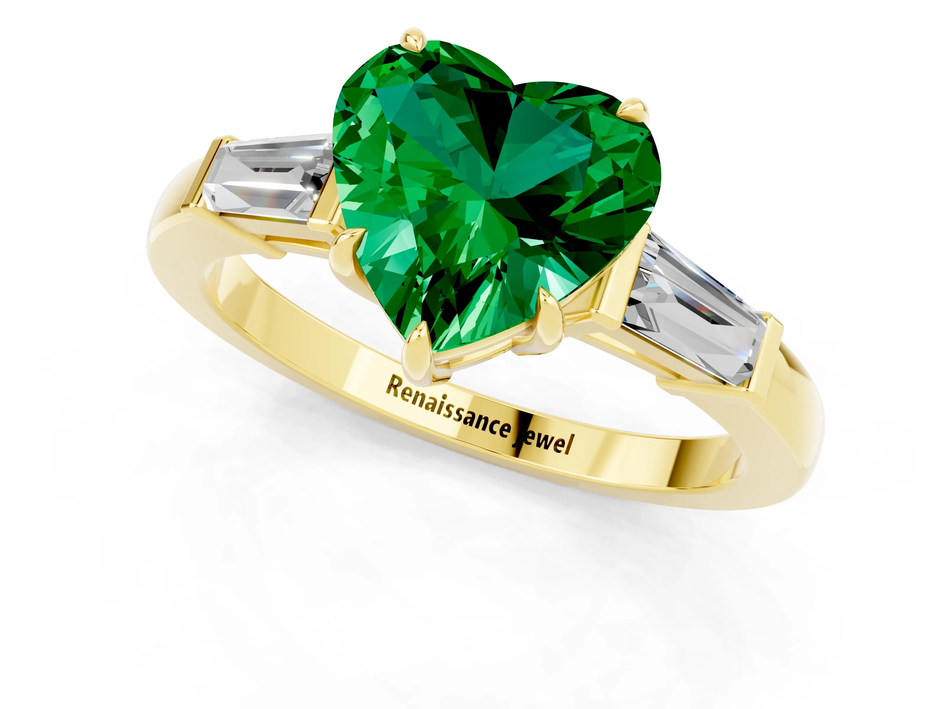 Yellow gold Heart Cut Cut Diamond Ring with Tapered Baguette Side Stones in Four-Prong Setting_1