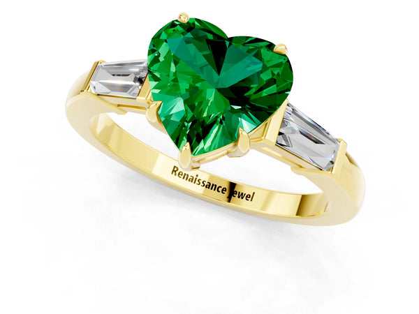 Yellow gold Heart Cut Emerald Three-Stone Ring with Tapered Baguette Side Stones and Prong Setting