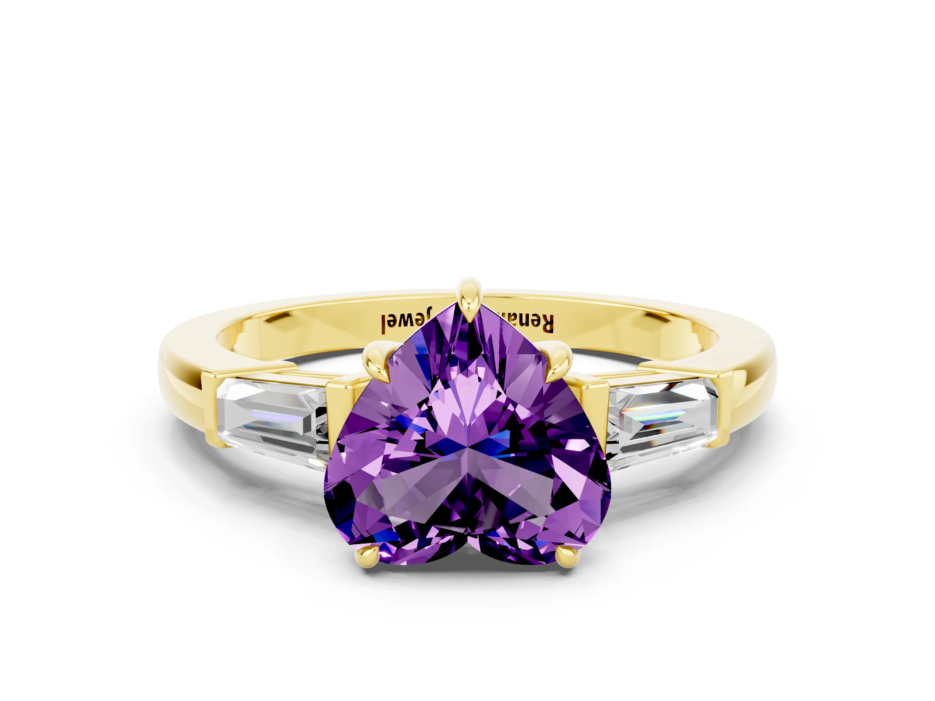 Yellow gold Heart Cut Cut Diamond Ring with Tapered Baguette Side Stones in Four-Prong Setting