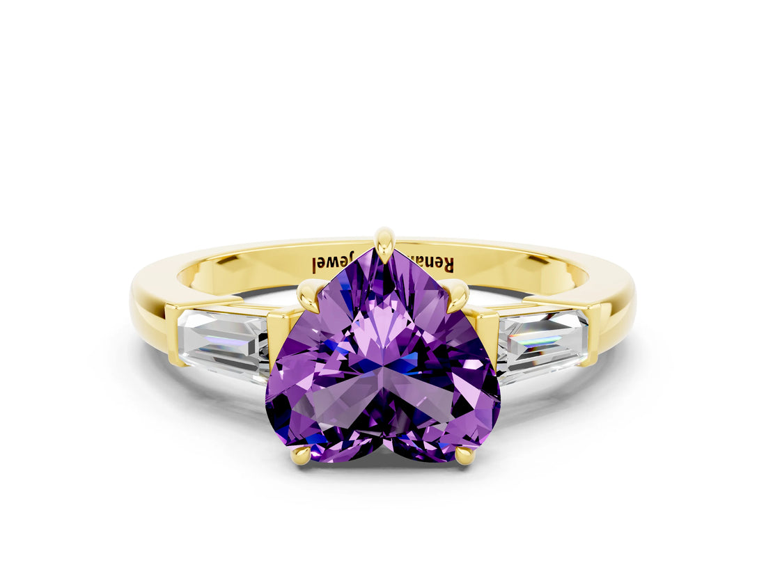 Yellow gold Heart Cut Cut Diamond Ring with Tapered Baguette Side Stones in Four-Prong Setting