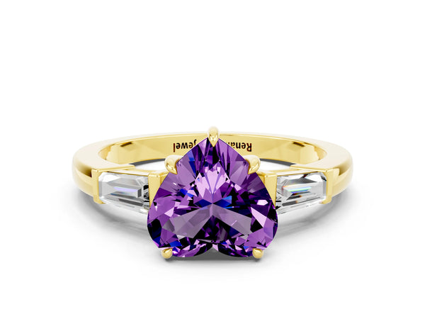 Yellow gold Heart Cut Amethyst Three-Stone Ring with Tapered Baguette Side Stones and Prong Setting