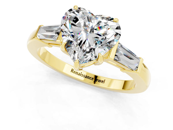 Yellow gold Heart Cut Moissanite Three-Stone Ring with Tapered Baguette Side Stones and Prong Setting