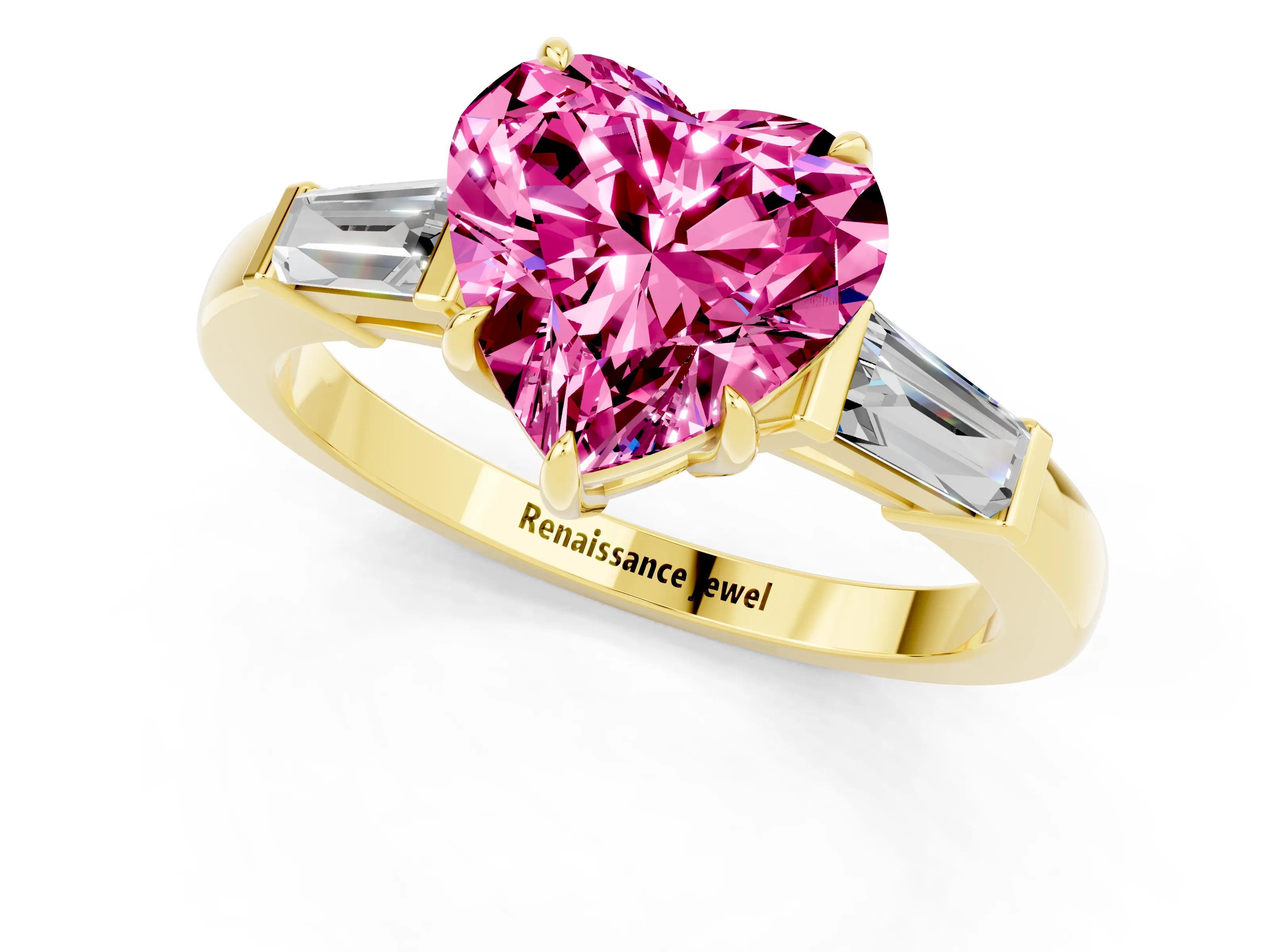 Yellow gold Heart Cut Cut Diamond Ring with Tapered Baguette Side Stones in Four-Prong Setting_1